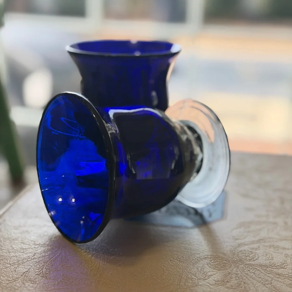 8 Handblown Cobalt Drinking Glasses. 4”T. Pedestal | Vintage | Vibrant | EUC